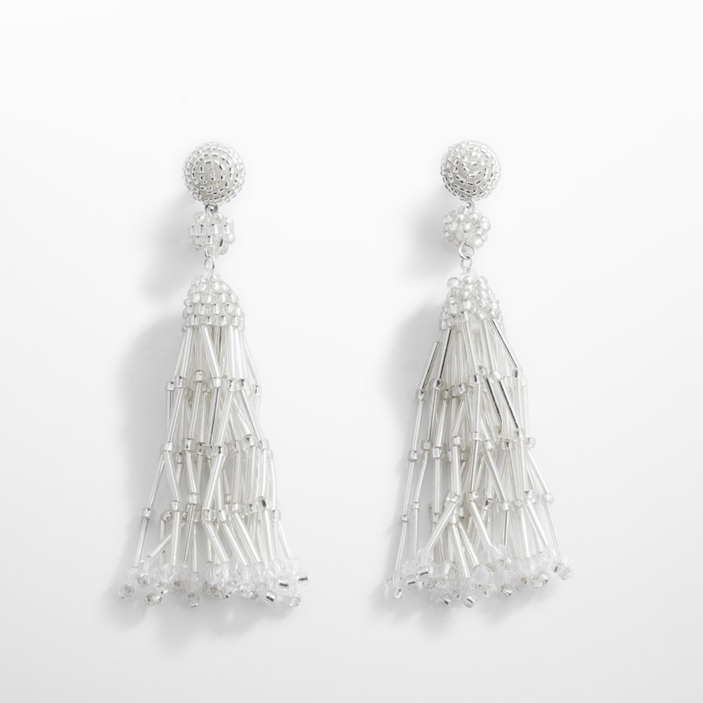 Elegant White Beaded Tassel Earrings